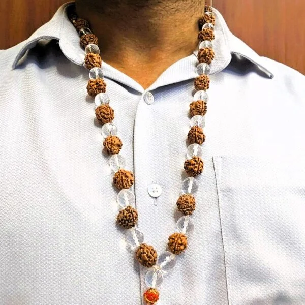 3 Mukhi Rudraksha- Sphatik Diamond cut 12 mm Combination Kantha 54 Beads